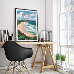 Byron Bay Beach Print - Australia Wall Art displayed in a modern interior with a desk and natural light.