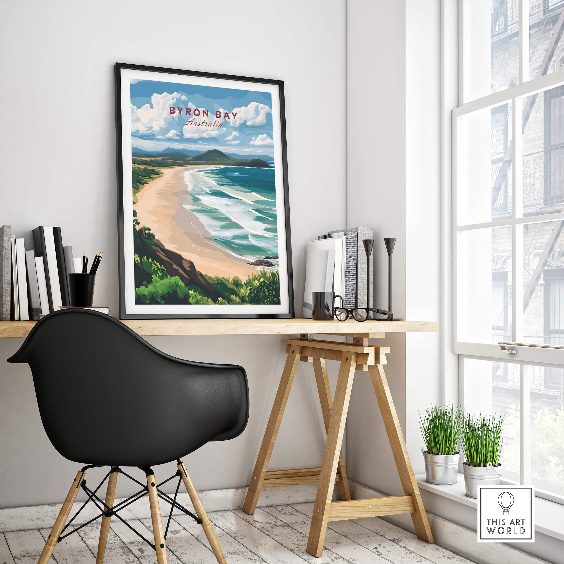 Byron Bay Beach Print - Australia Wall Art displayed in a modern interior with a desk and natural light.