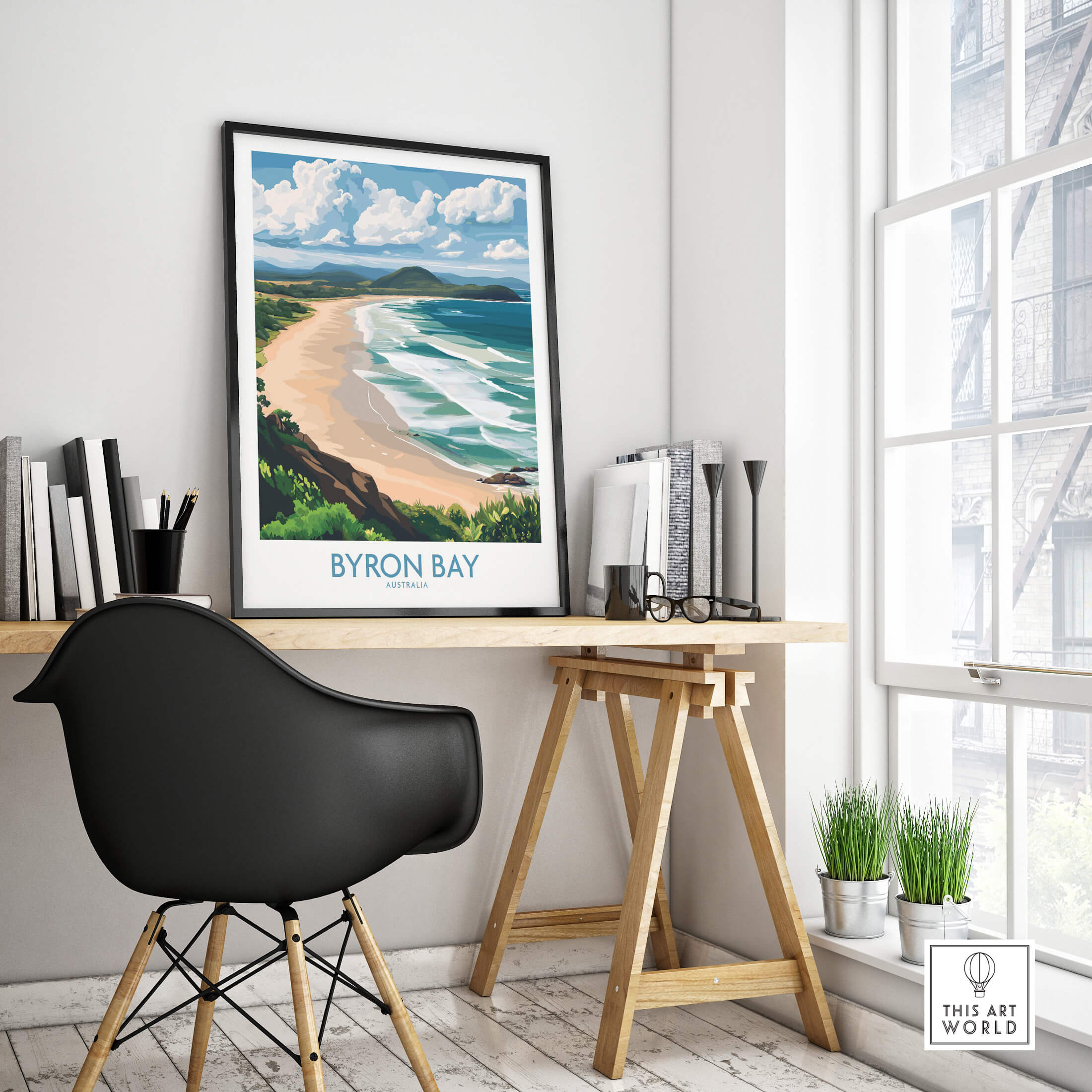 Byron Bay Wall Art Print Australia displayed in a modern room with a stylish desk and chair.