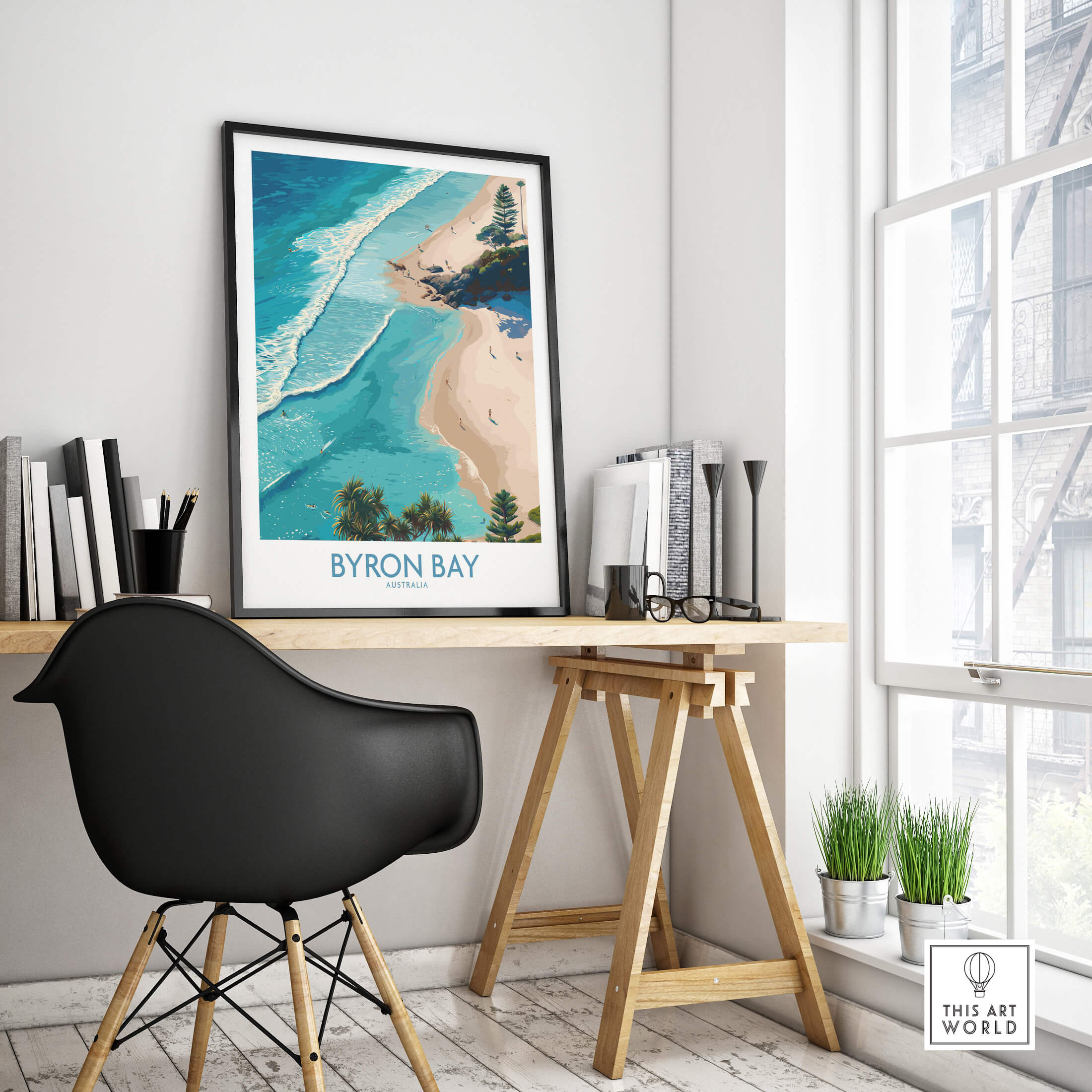 Byron Bay Beach Australia Canvas Art Print displayed in a modern workspace with natural light.