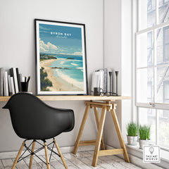 Byron Bay Poster - Canvas Beach Print showcasing coastal scenery in a stylish workspace.