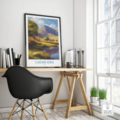 Framed Cadair Idris travel poster on modern office desk with black chair and decor