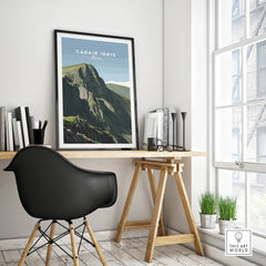 Framed Cadair Idris Wales travel poster on modern office desk, contemporary home decor