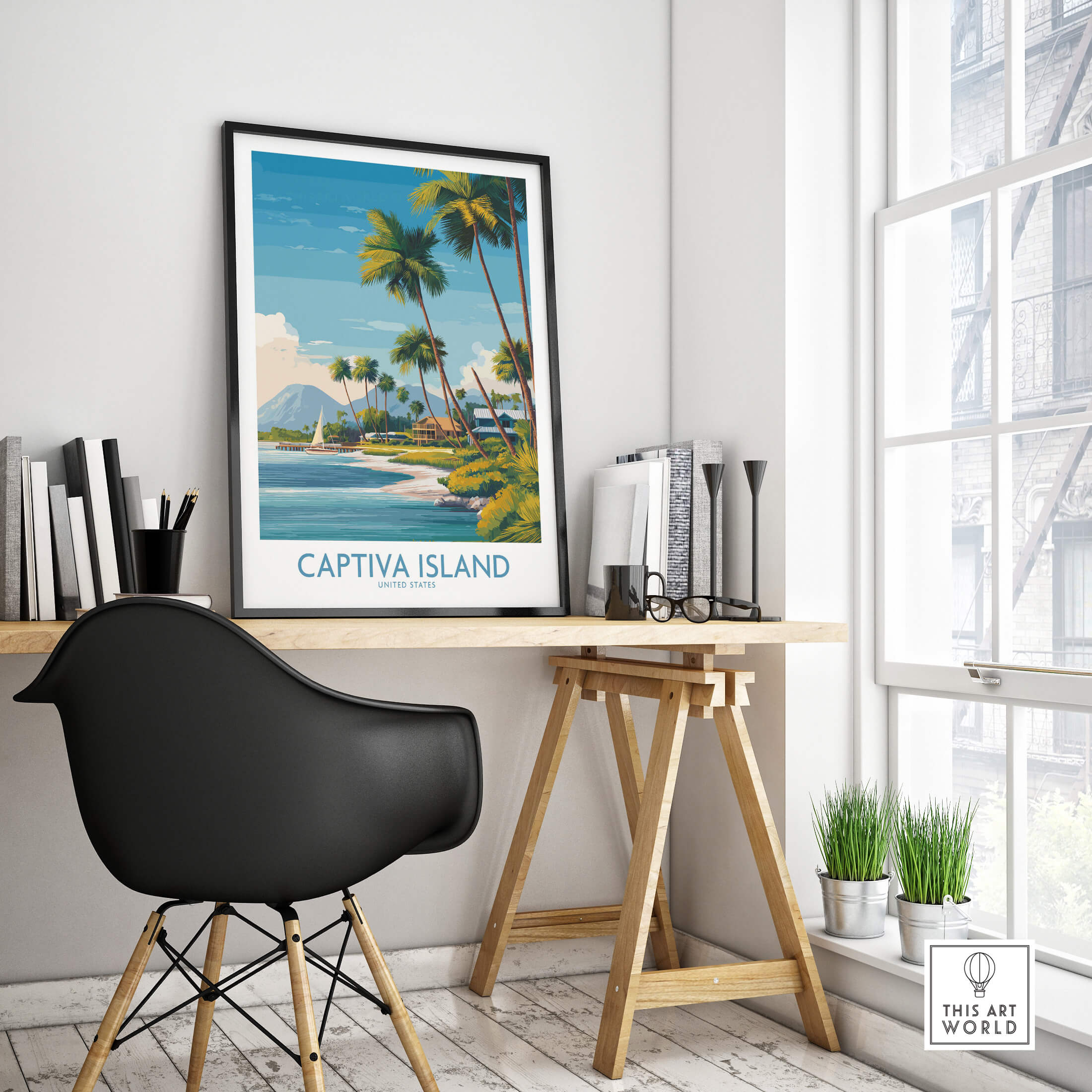 Captiva Island Florida Wall Art – Tropical Coastline and Sailboat Decor in a stylish home office setting.