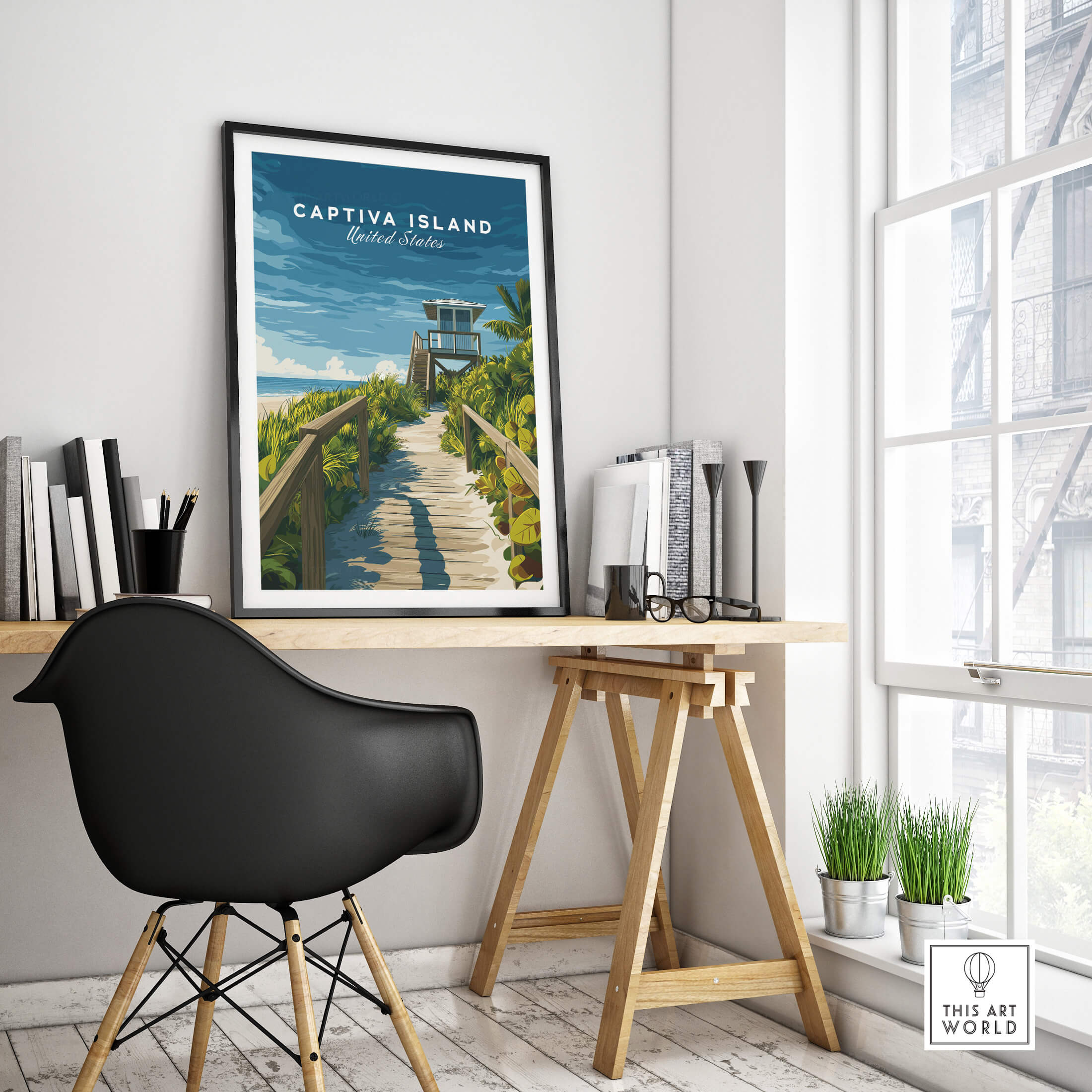 Captiva Island Poster – Florida Beach Print displayed in a modern interior setting with a wooden desk.