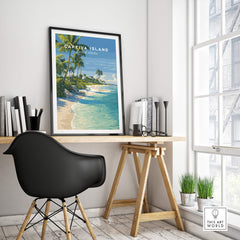 Captiva Island Travel Poster – White Sand Beach and Turquoise Water Art framed in a modern workspace with bright natural light.