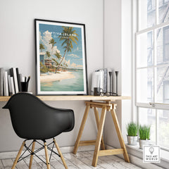 Captiva Island Florida Print – Coastal Palm Tree Art framed on a stylish desk in a bright room with large windows.