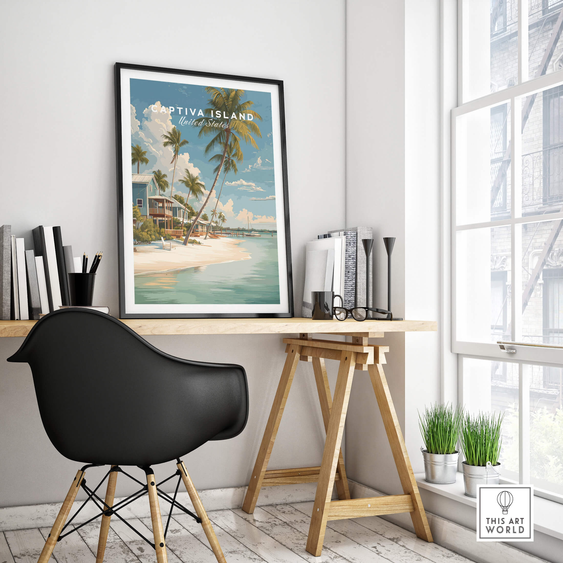 Captiva Island Florida Print – Coastal Palm Tree Art framed on a stylish desk in a bright room with large windows.