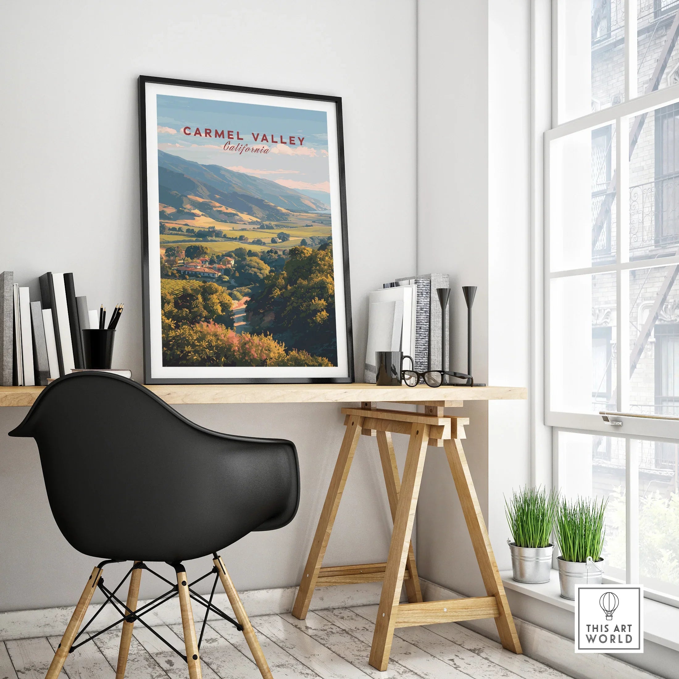 Carmel Valley California travel poster framed on modern office desk by window