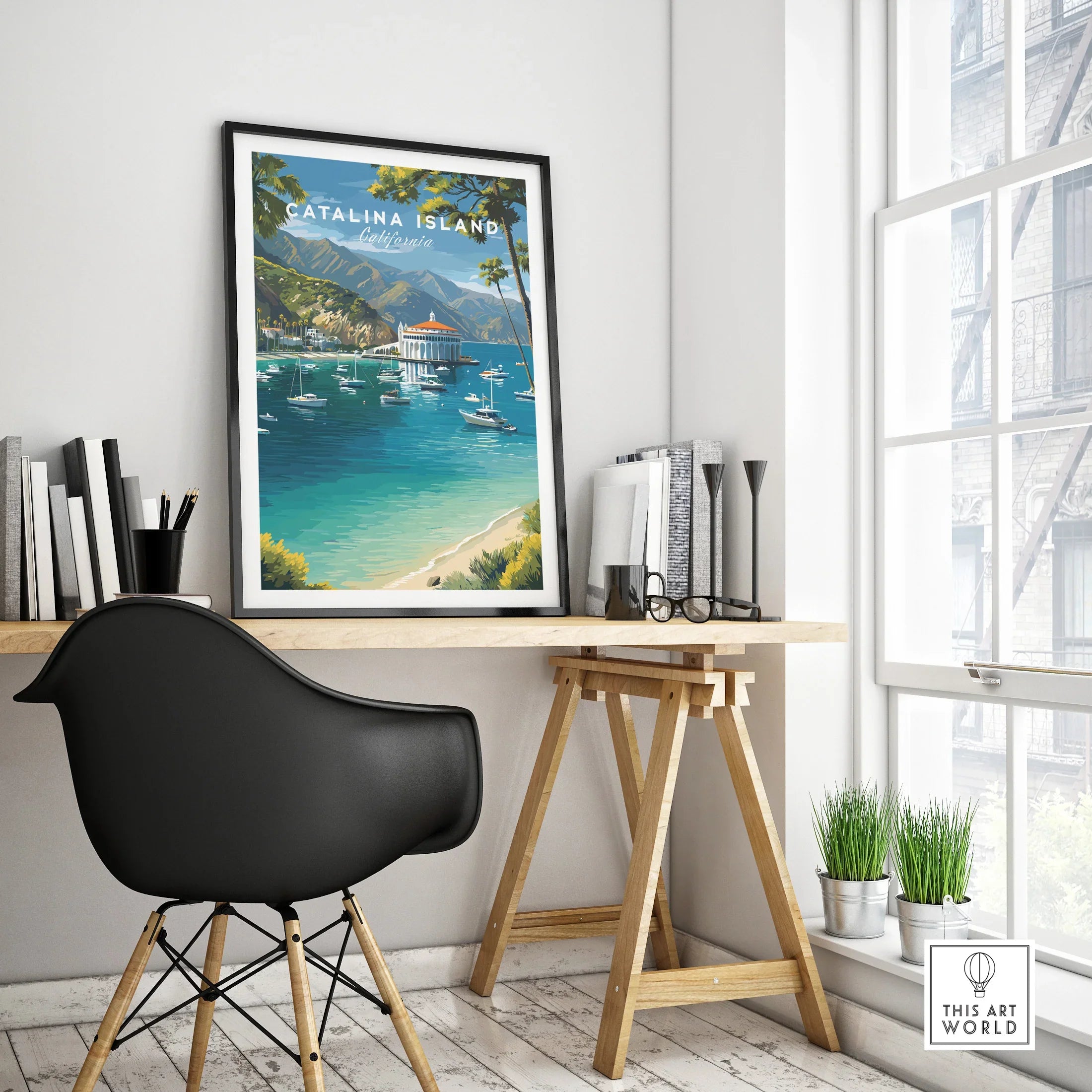 Catalina Island framed travel poster on modern office desk, coastal art decor