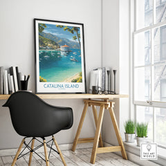 Catalina Island travel poster in black frame on modern office desk, coastal wall art decor