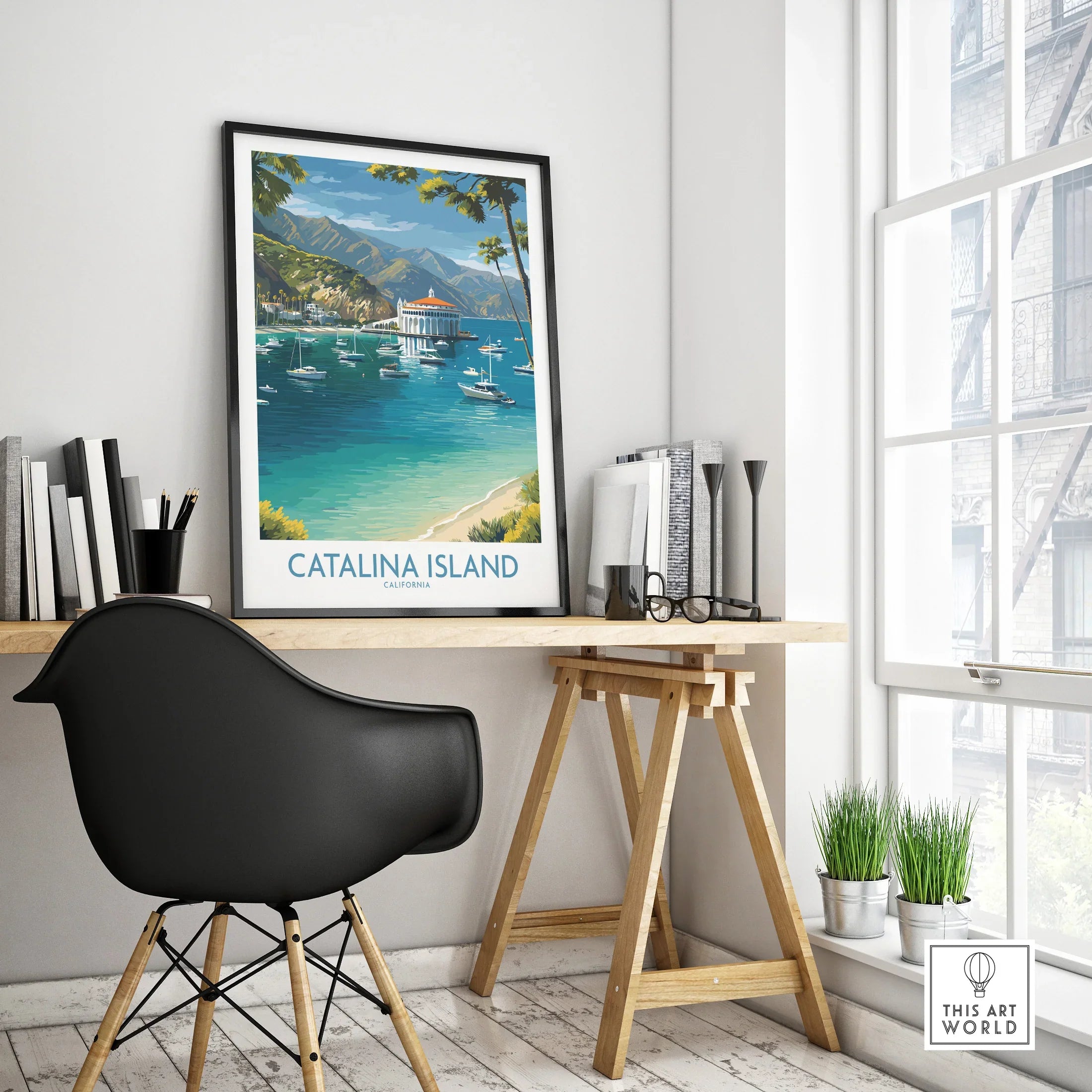 Catalina Island travel poster in black frame on modern office desk, coastal wall art decor
