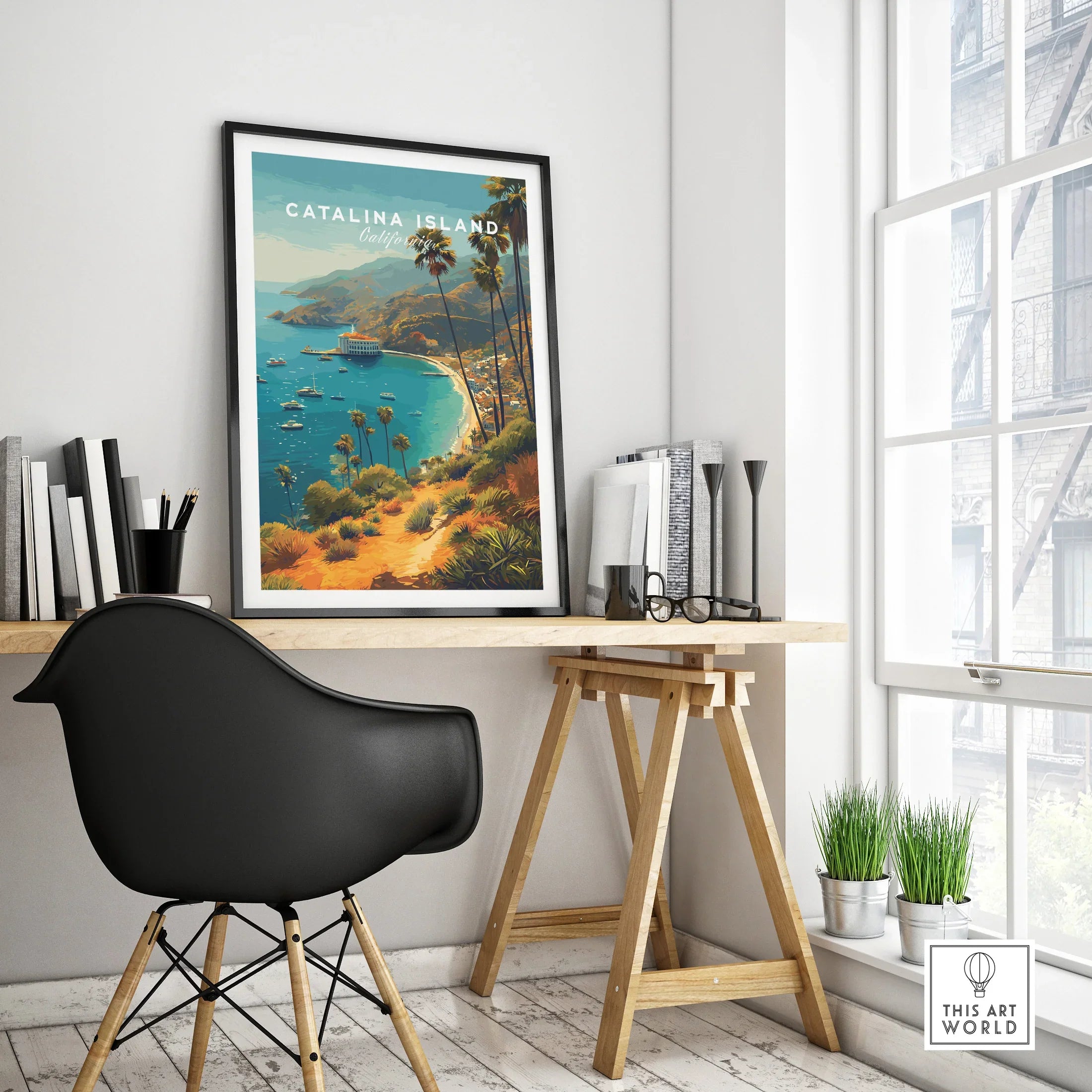 Catalina Island travel poster in black frame on modern office desk, bright home decor