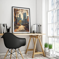 Framed Central Park travel poster on modern office desk with city skyline wall art.