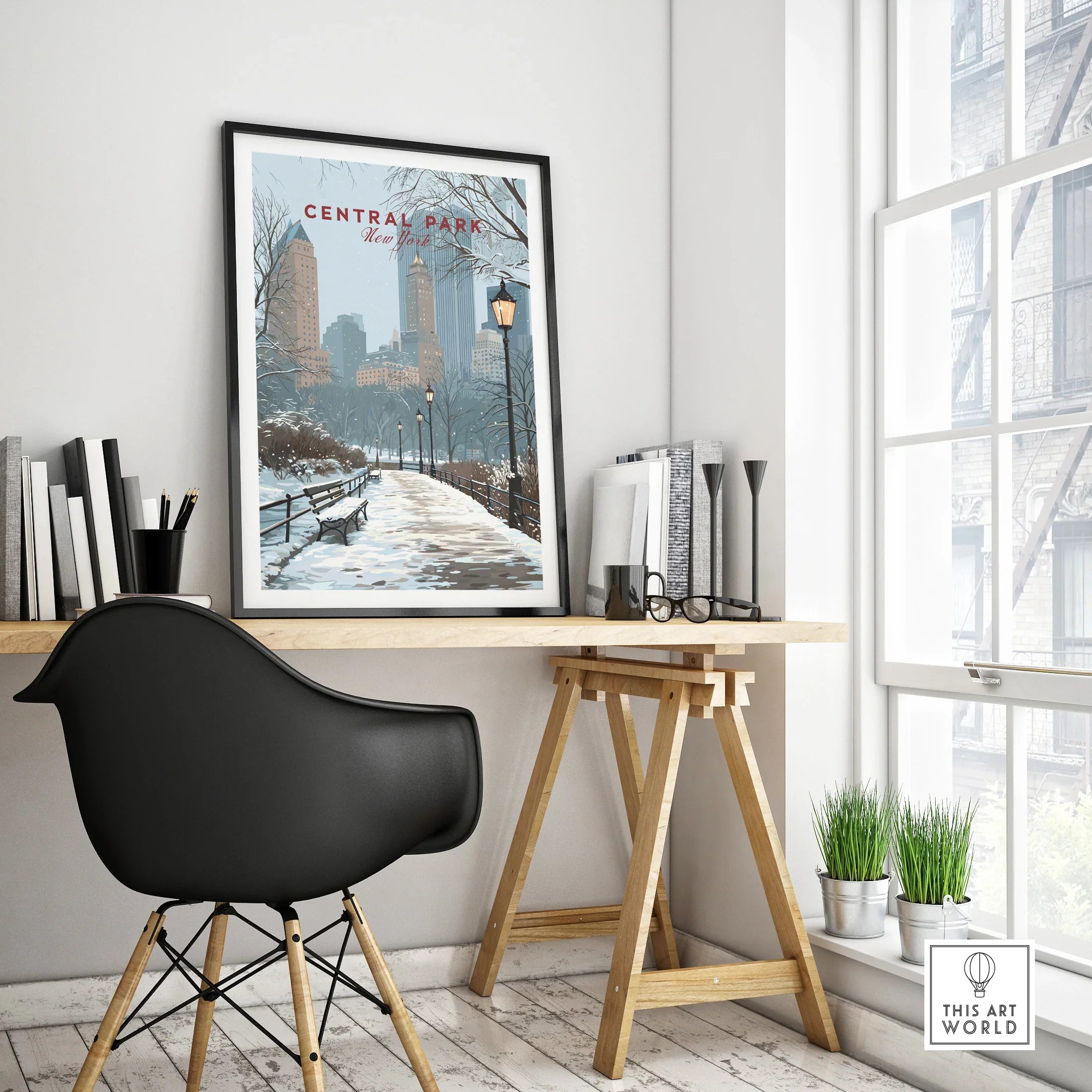 Framed Central Park New York poster on modern office desk with cityscape wall art decor.