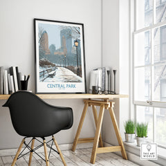 Framed Central Park New York travel poster on modern office desk with city view