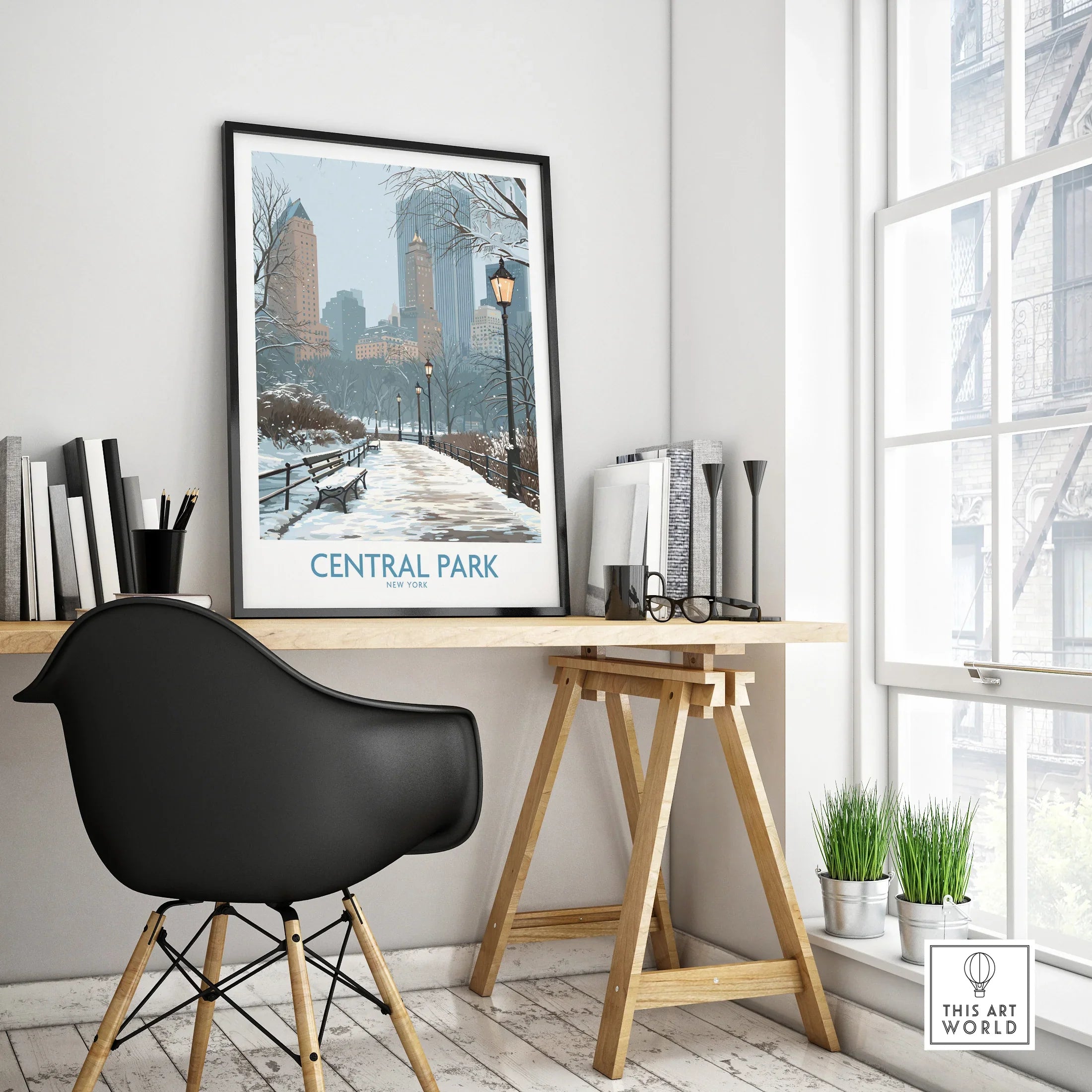 Framed Central Park New York travel poster on modern office desk with city view