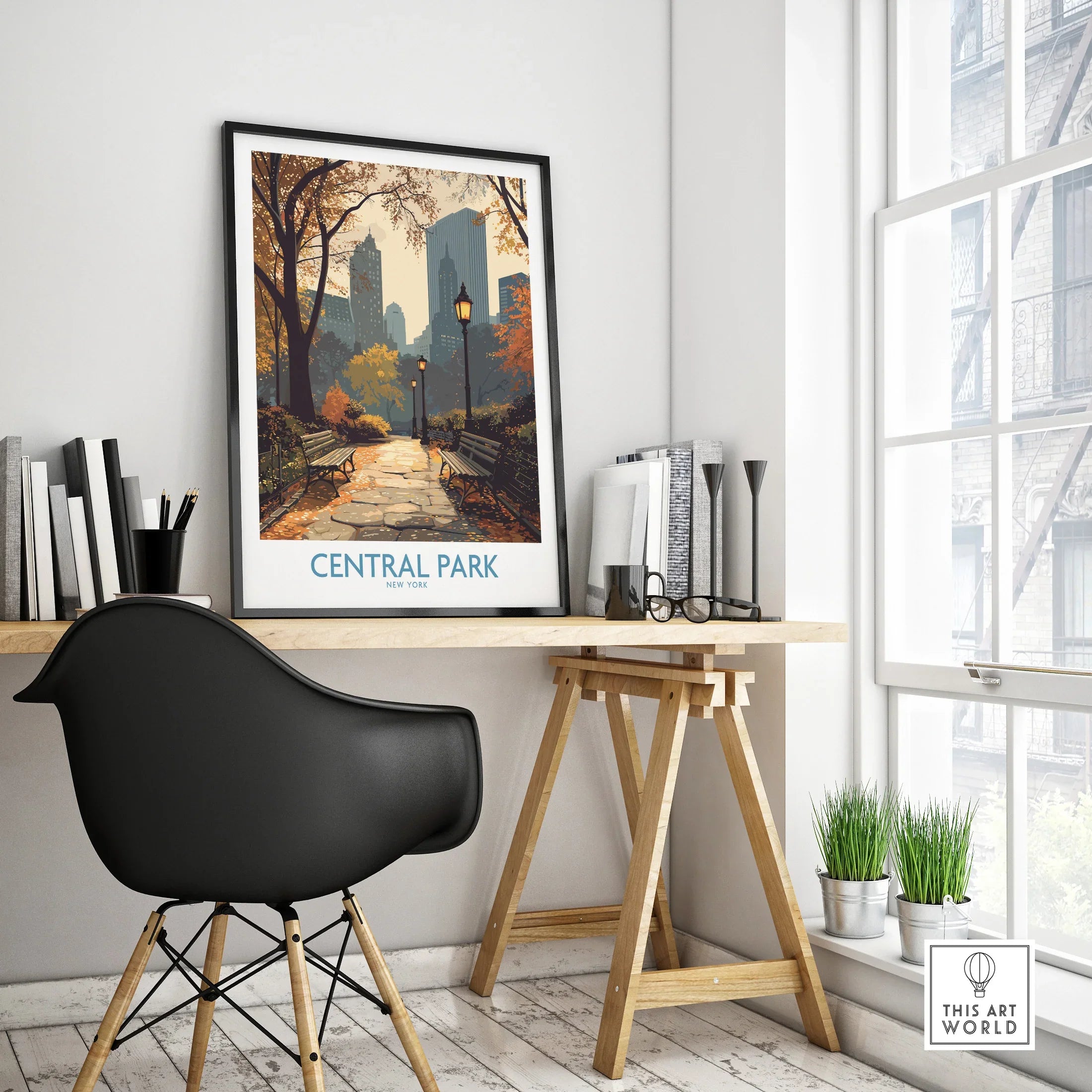 Central Park travel poster in black frame on modern office desk with cityscape decor
