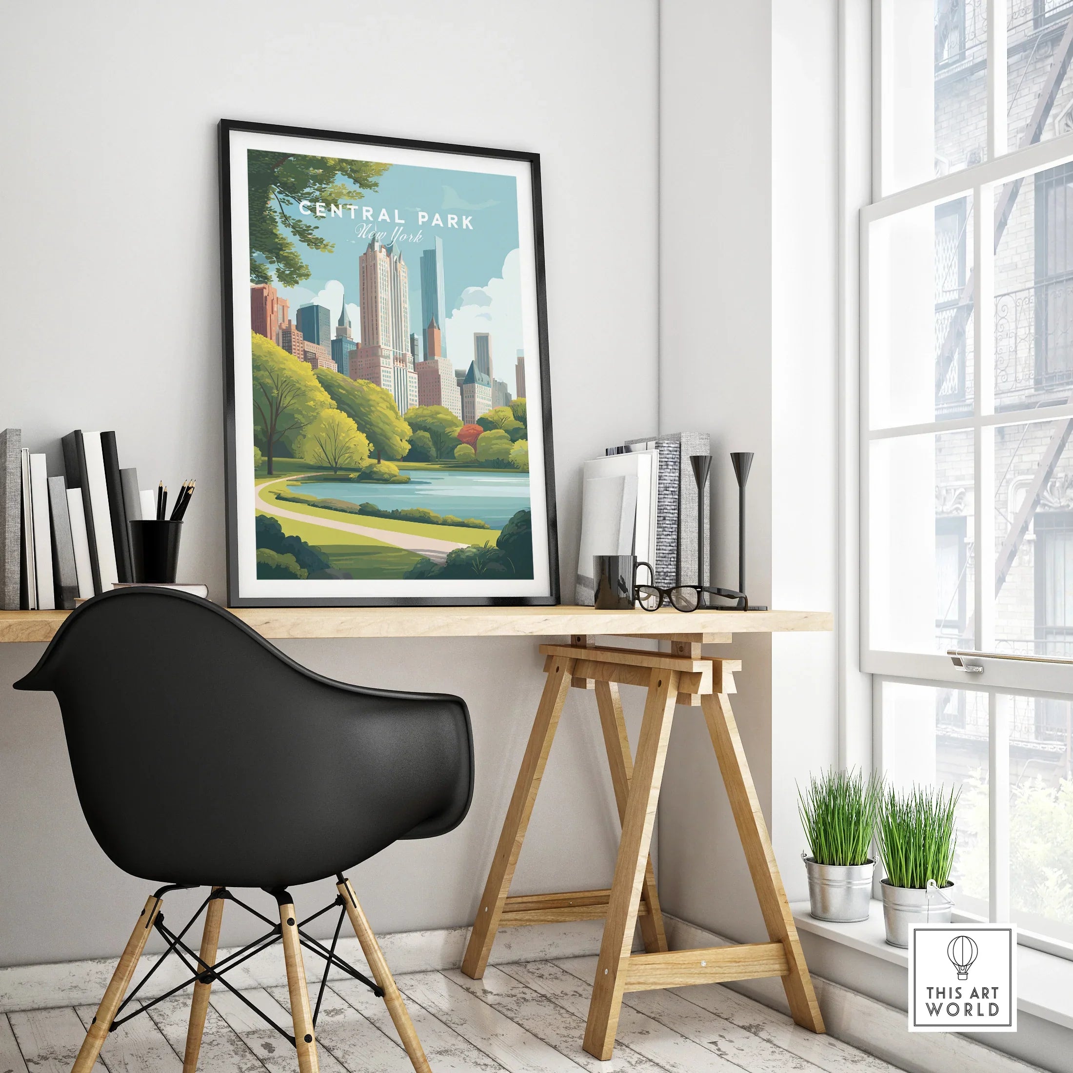 Framed Central Park New York travel poster on modern office desk with city skyline art