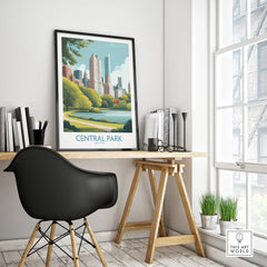 Central Park framed travel poster on a modern office desk with black chair and decor