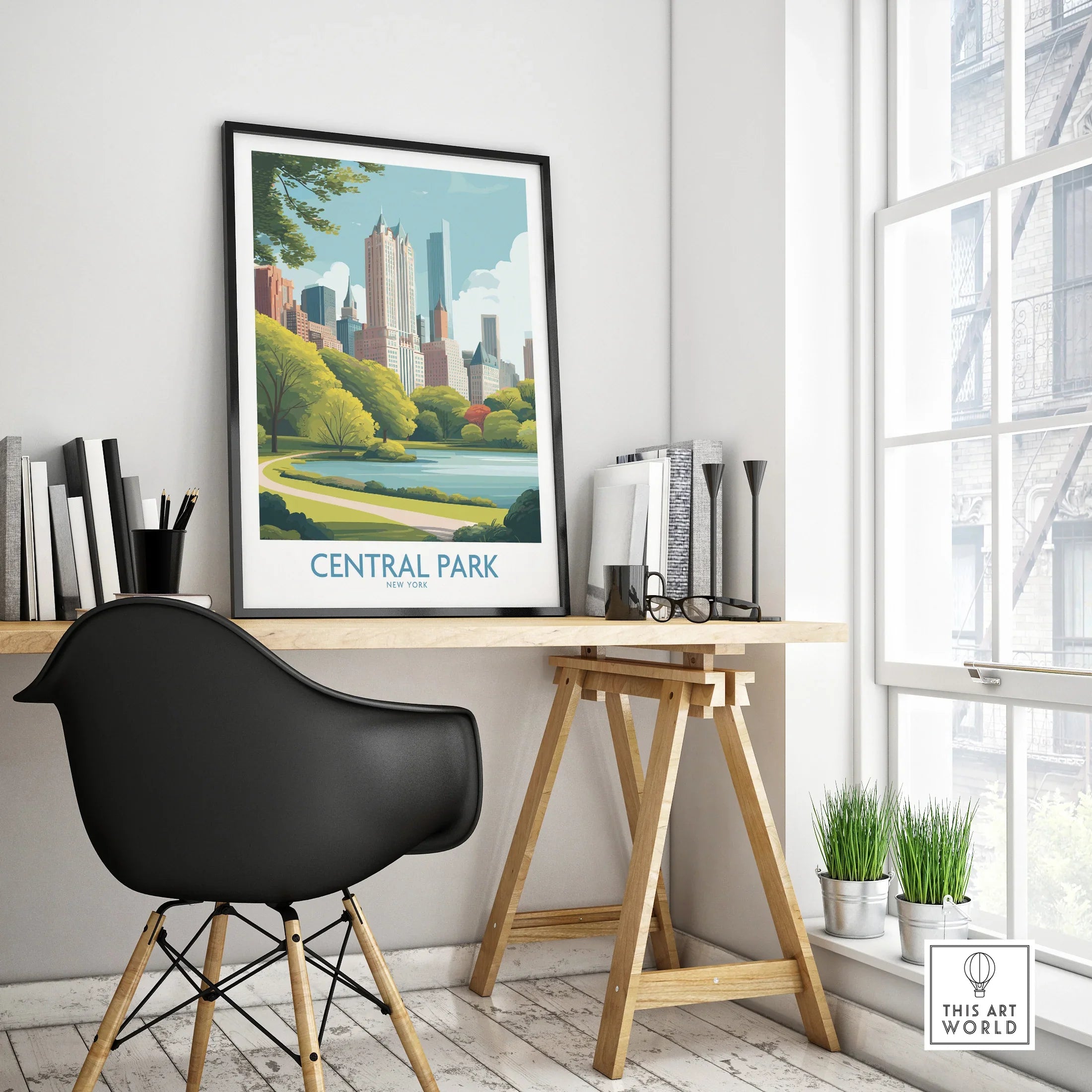 Central Park framed travel poster on a modern office desk with black chair and decor