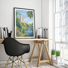 Framed Central Park New York poster on modern office desk with cityscape decor