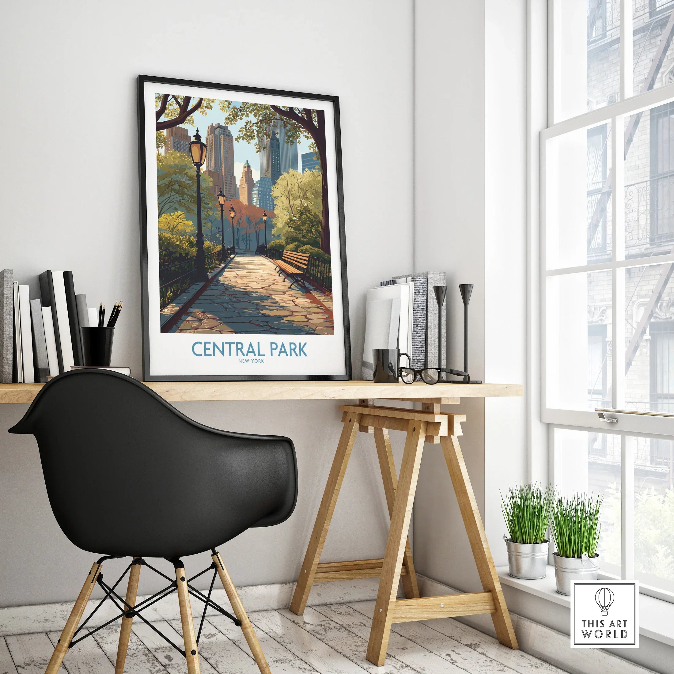 Central Park travel poster in black frame on modern office desk, cityscape wall art decor