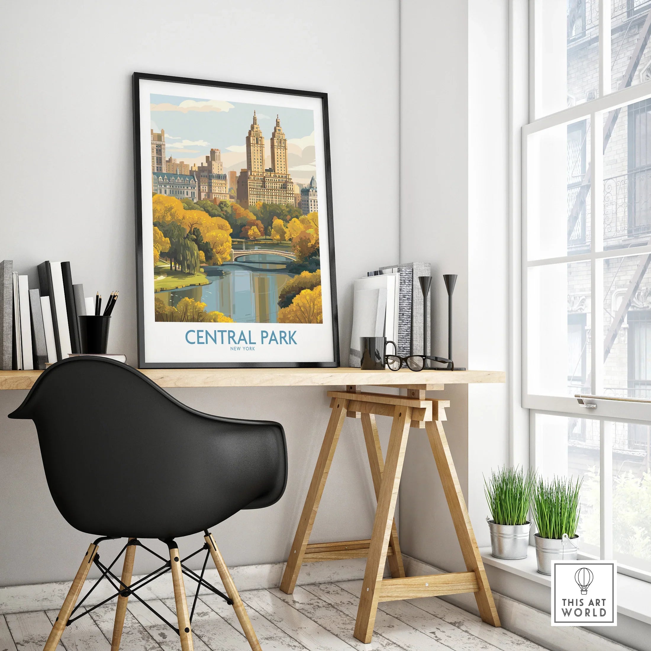 Framed Central Park New York travel poster on modern office desk with city view.