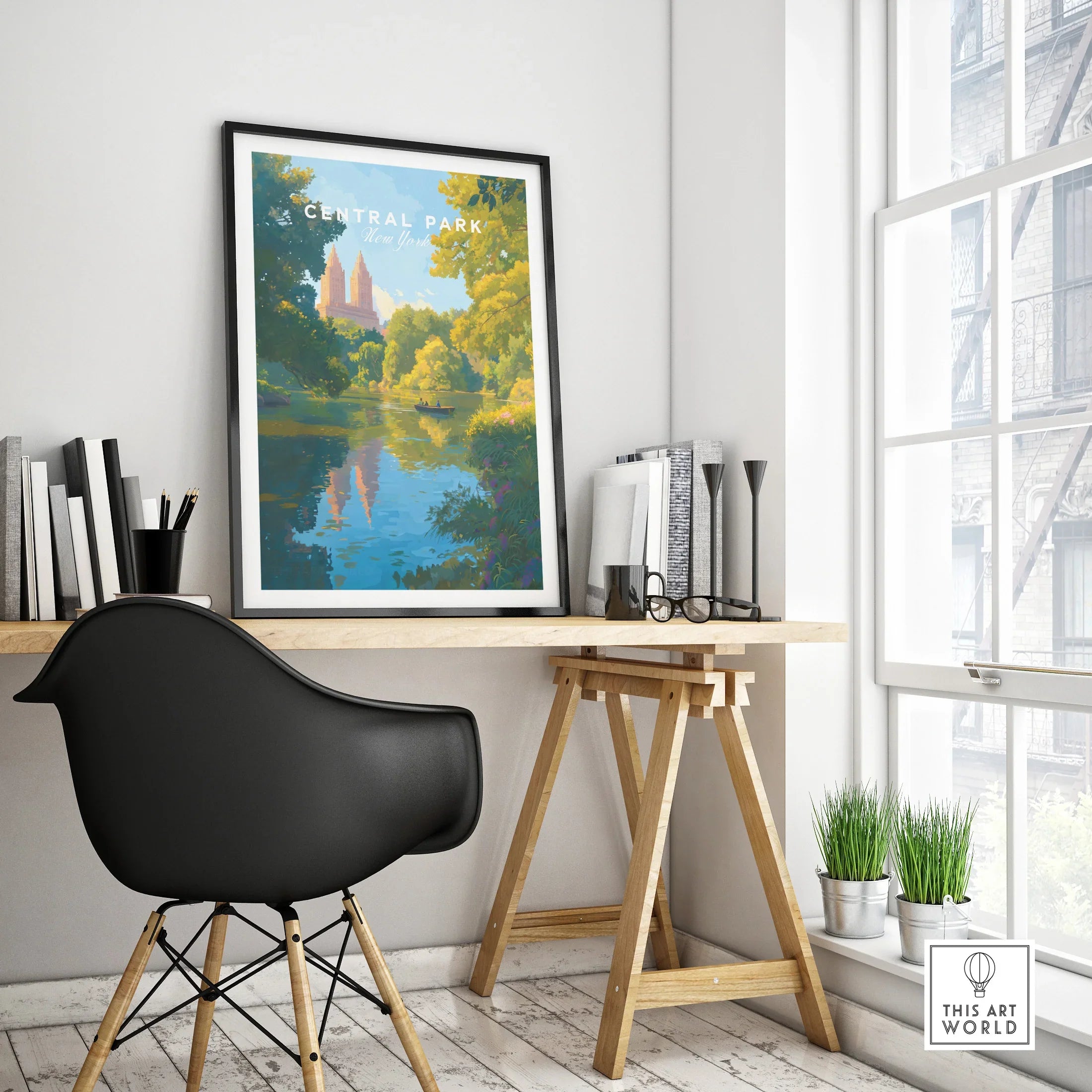 Central Park framed travel poster on modern office desk with city view