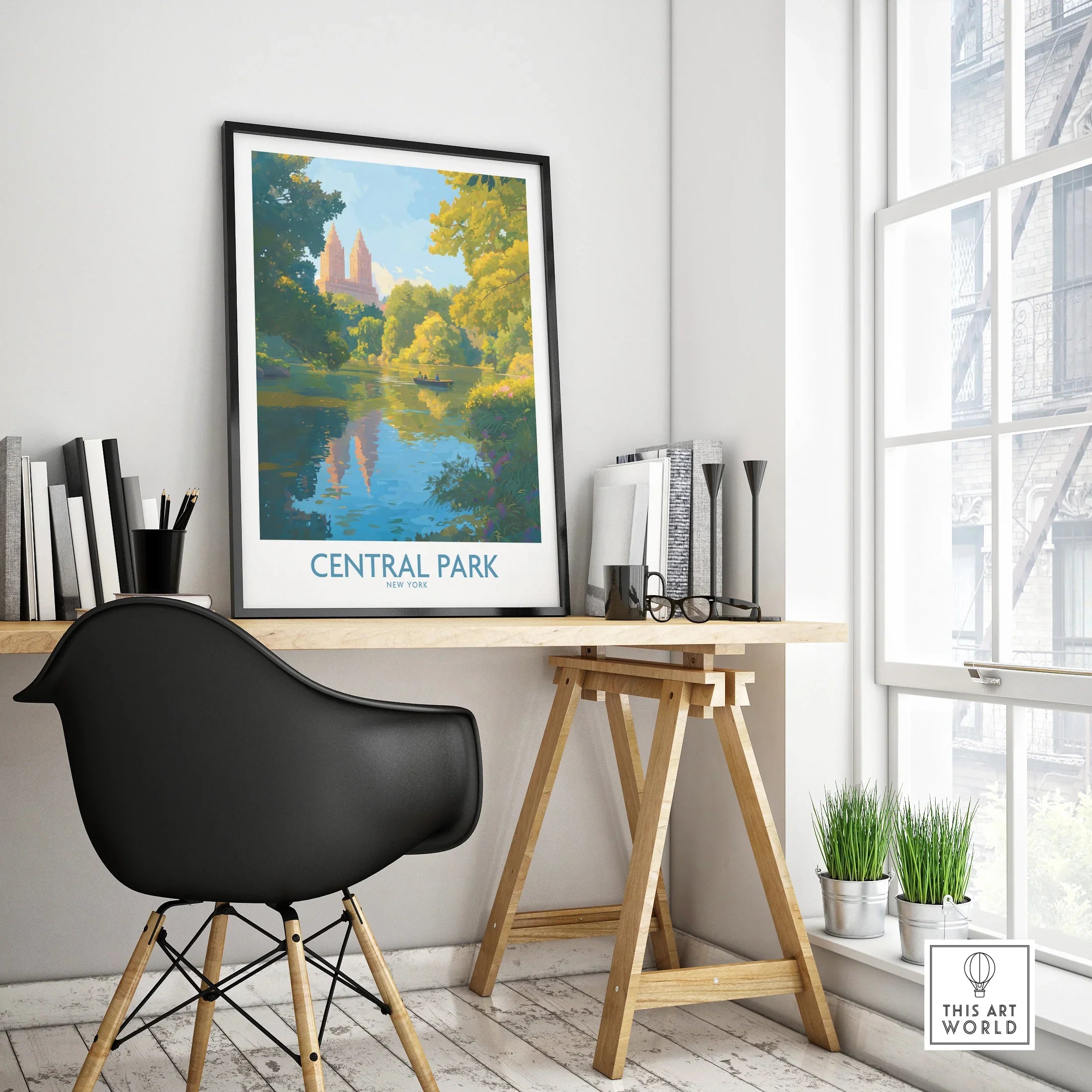 Central Park travel poster in black frame on modern office desk, cityscape wall art decor