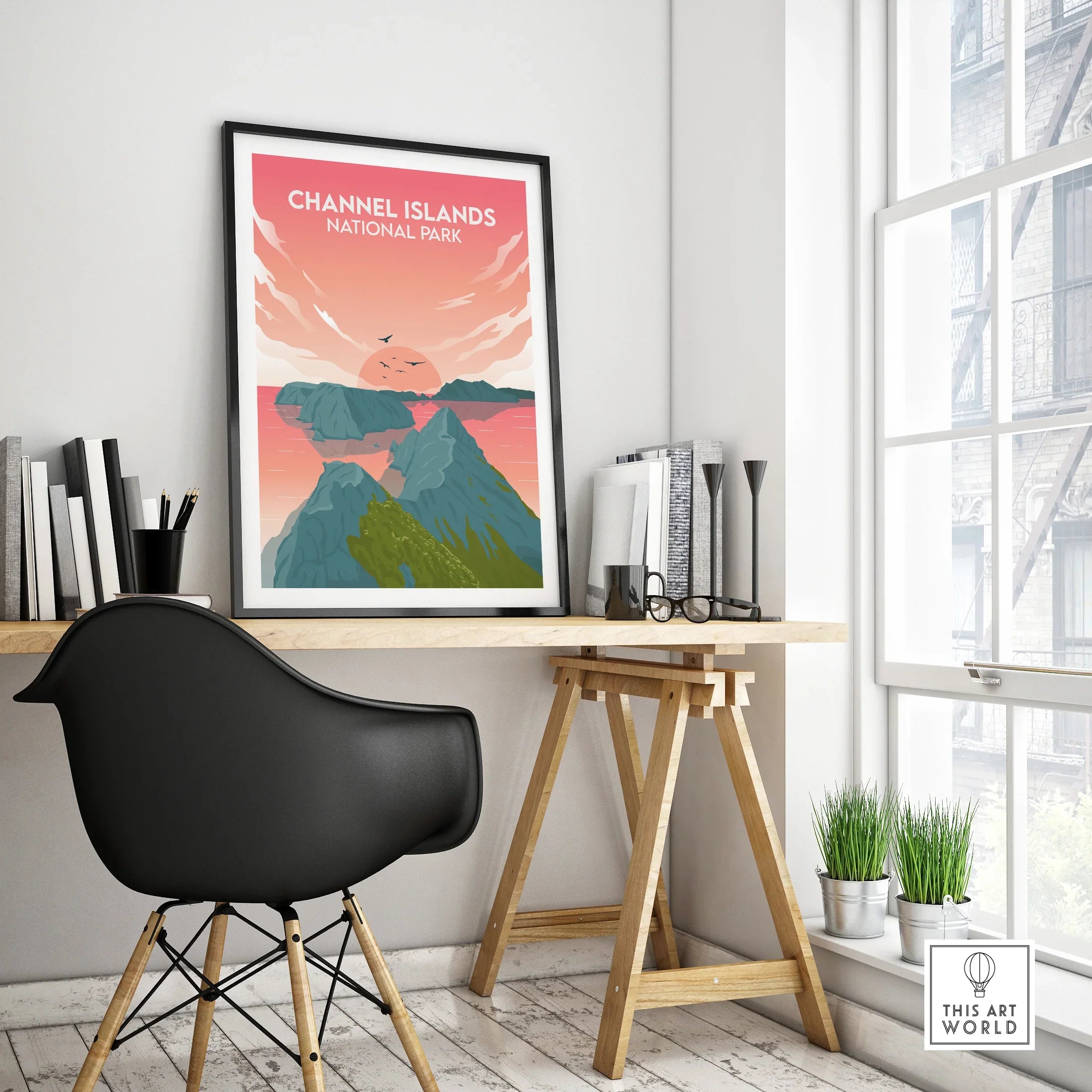 Framed Channel Islands National Park poster on modern office desk, stylish workspace decor.