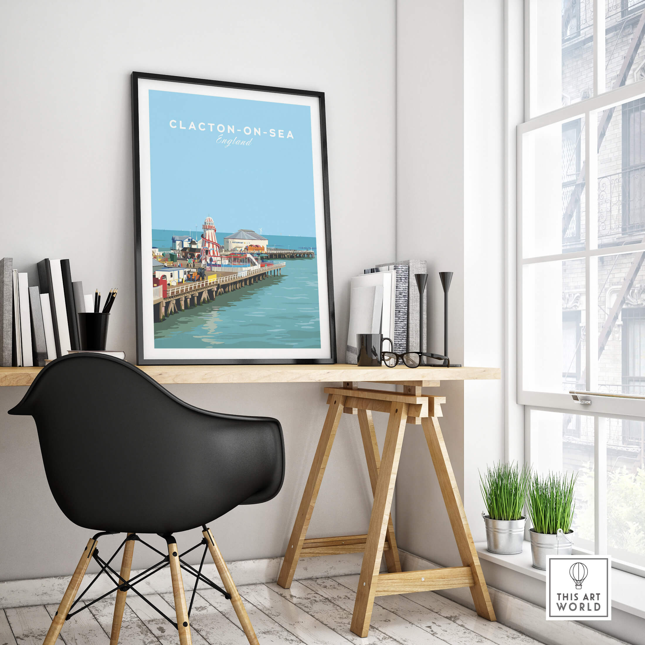 Clacton-on-Sea Travel Poster – Historic Pier Art Print displayed in a modern interior with a stylish chair and desk.