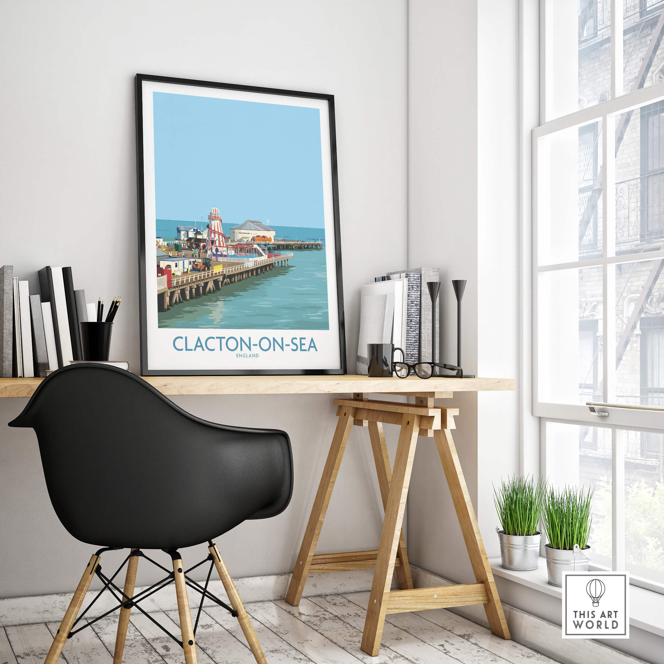 Clacton-on-Sea England Wall Art – British Seaside Decor displayed in a modern office setting.