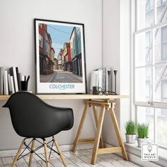 Colchester city wall art poster with black frame on modern office desk, home decor inspiration