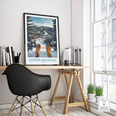 Copper Mountain Colorado Wall Art – Winter Ski Resort Print displayed in a modern office setting with skis.