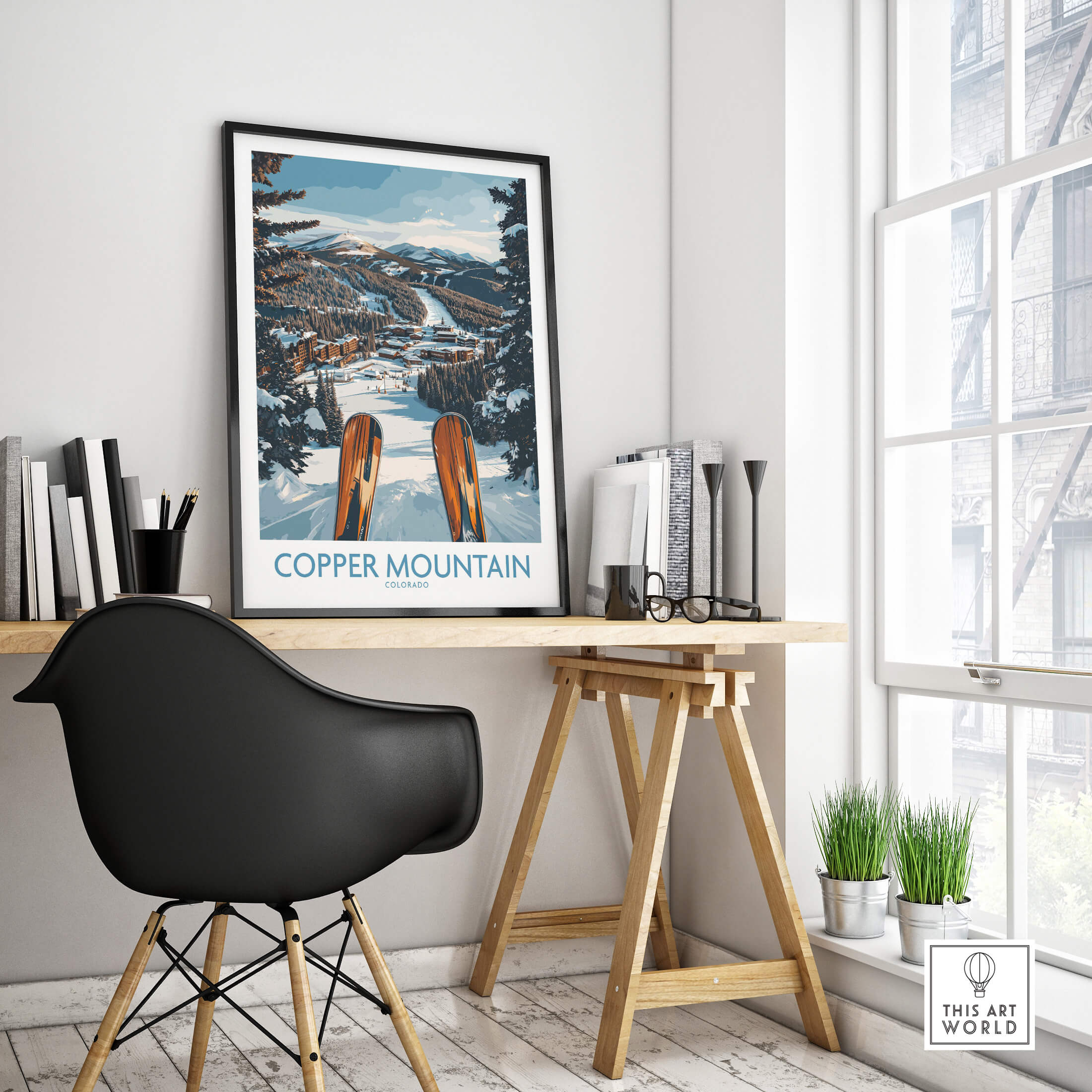 Copper Mountain Colorado Wall Art – Winter Ski Resort Print displayed in a modern office setting with skis.