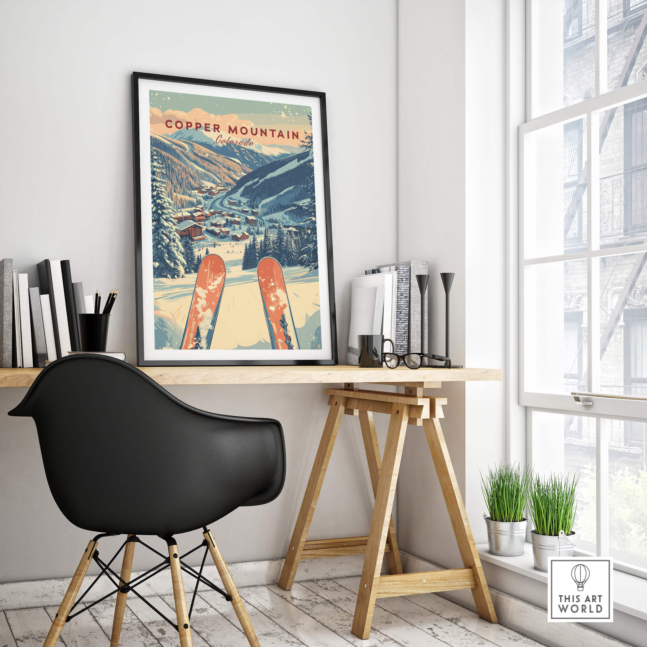 Copper Mountain Travel Poster – Sunset Ski Slopes framed on a desk with modern decor and ski equipment view.
