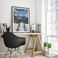 Ski Print Copper Mountain Colorado framed in a modern workspace, featuring scenic mountains and ski gear.