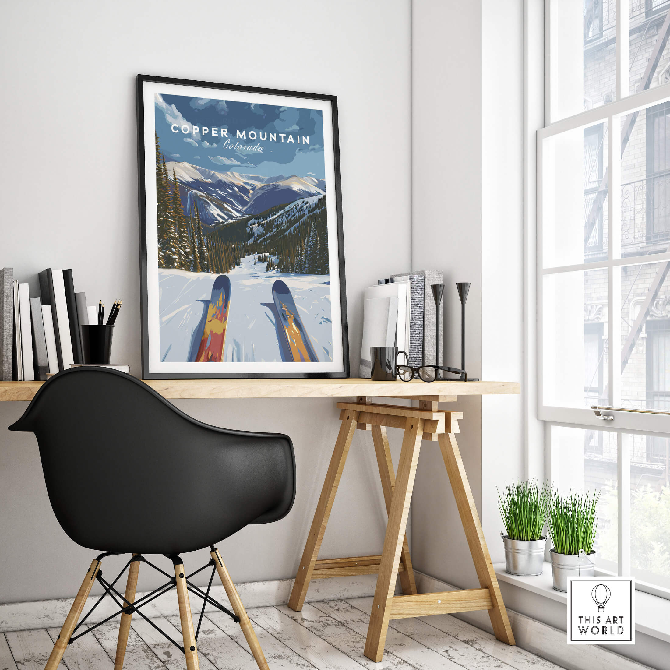 Ski Print Copper Mountain Colorado framed in a modern workspace, featuring scenic mountains and ski gear.