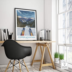Copper Mountain Colorado Wall Art – Snowy Peak Winter Sports Print displayed in a stylish home office.
