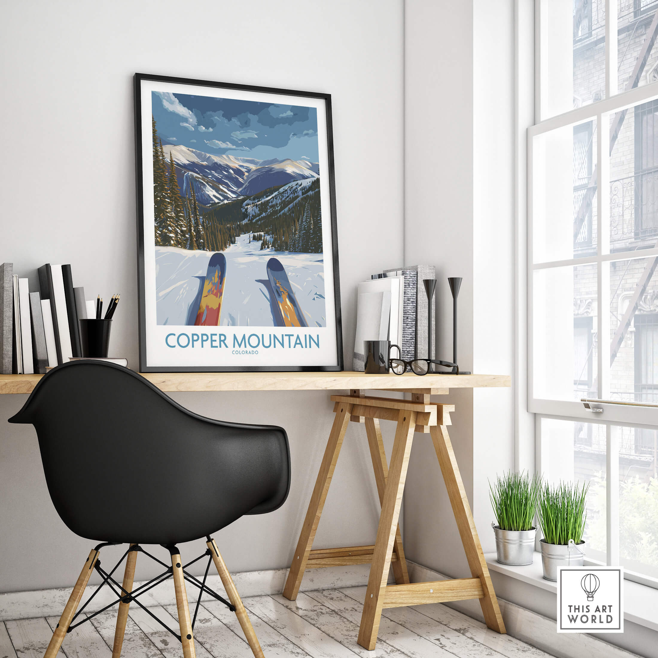 Copper Mountain Colorado Wall Art – Snowy Peak Winter Sports Print displayed in a stylish home office.