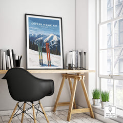 Copper Mountain Travel Poster – Colorado Mountain Summit & Ski Art Print displayed in an elegant workspace.