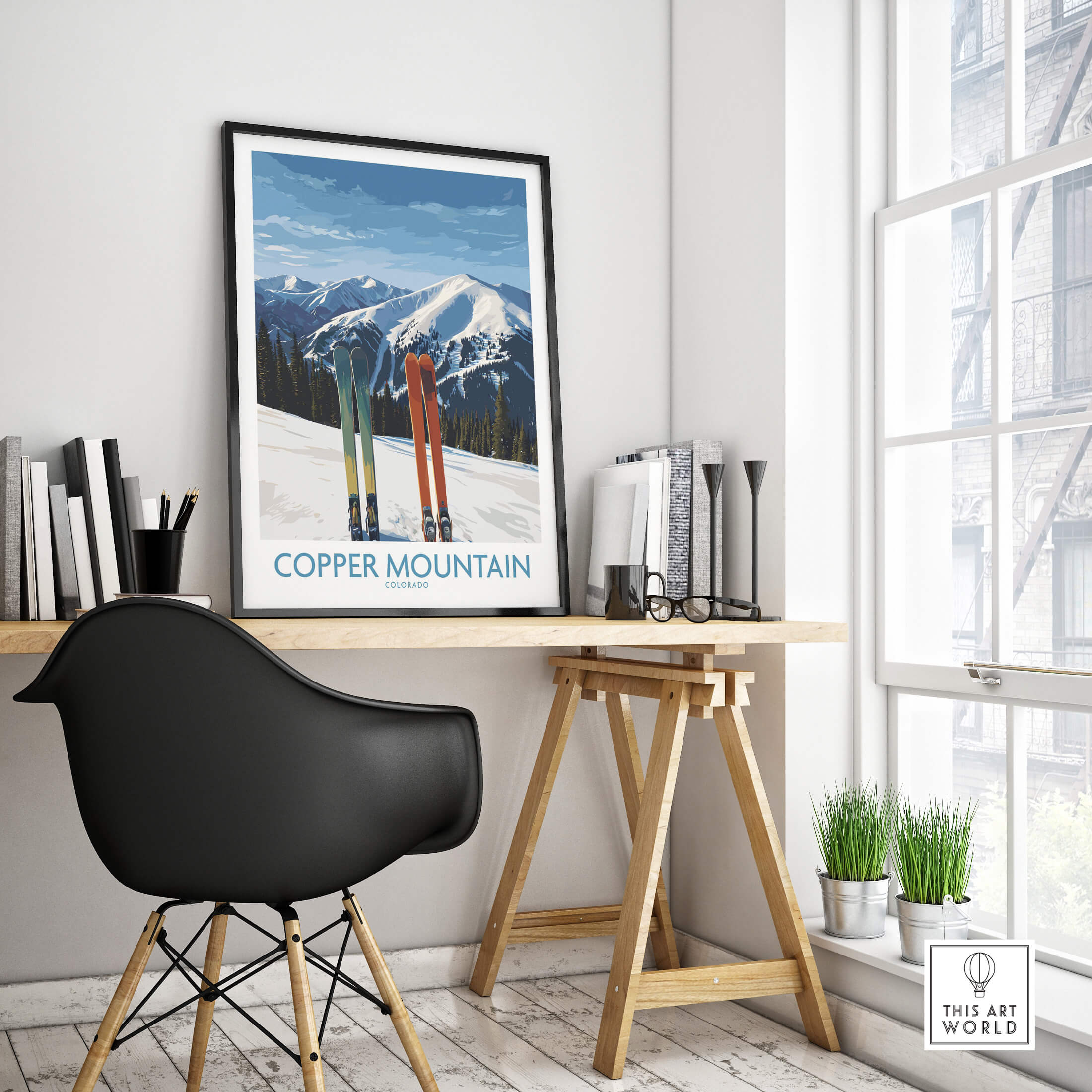Copper Mountain Ski Wall Art Ski Print framed in a stylish workspace, showcasing vibrant skis and mountain views.