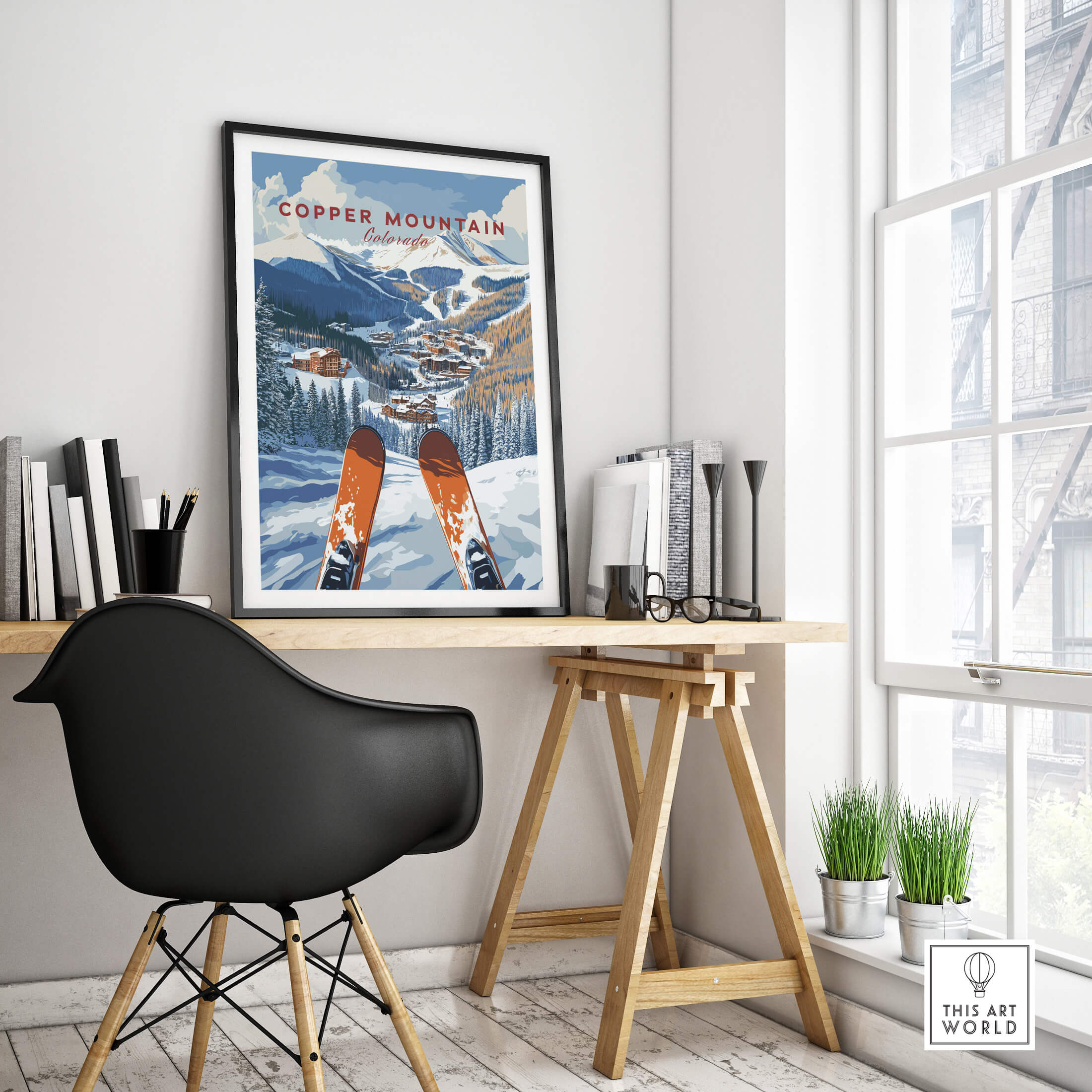 Copper Mountain Ski Poster – Winter Ski Village & Snowy Mountain Art displayed in a modern workspace.