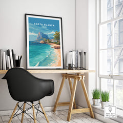 Costa Blanca Spain Travel Art – Mediterranean Village & Turquoise Sea Landscape Poster in a stylish interior setting.