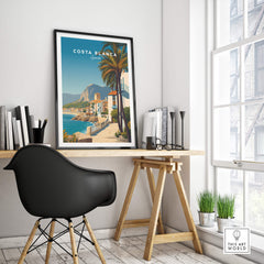 Costa Blanca Travel Poster - Spain Canvas Print displayed in a modern interior setting with a stylish desk and chair.