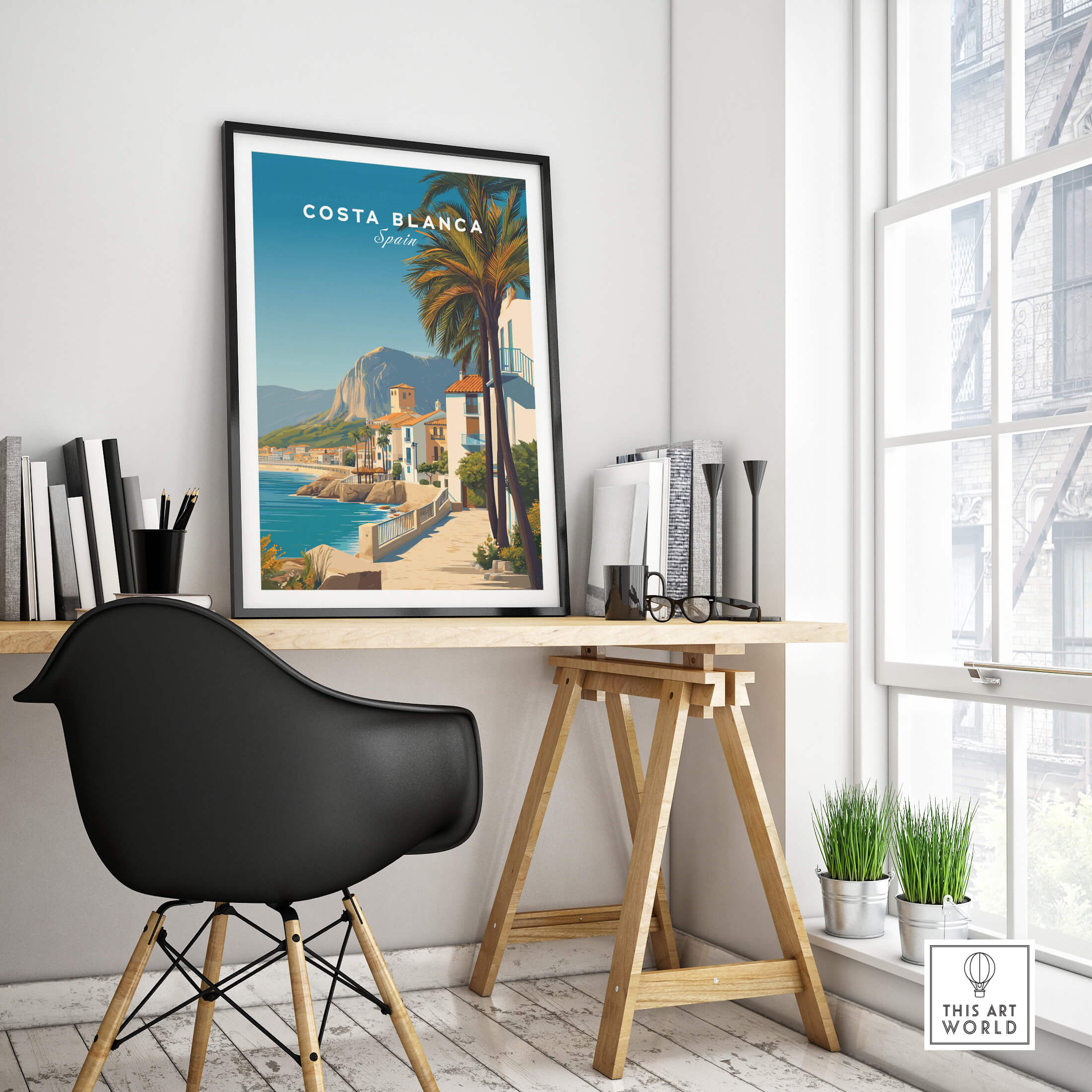Costa Blanca Travel Poster - Spain Canvas Print displayed in a modern interior setting with a stylish desk and chair.