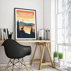 Crater Lake National Park travel poster framed on modern office desk, nature wall art décor