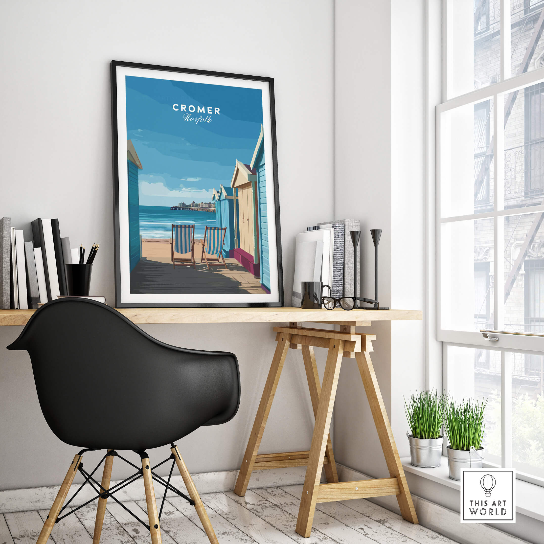 Cromer Travel Poster – Norfolk Beach Huts Art Print displayed in a modern study with coastal decor.