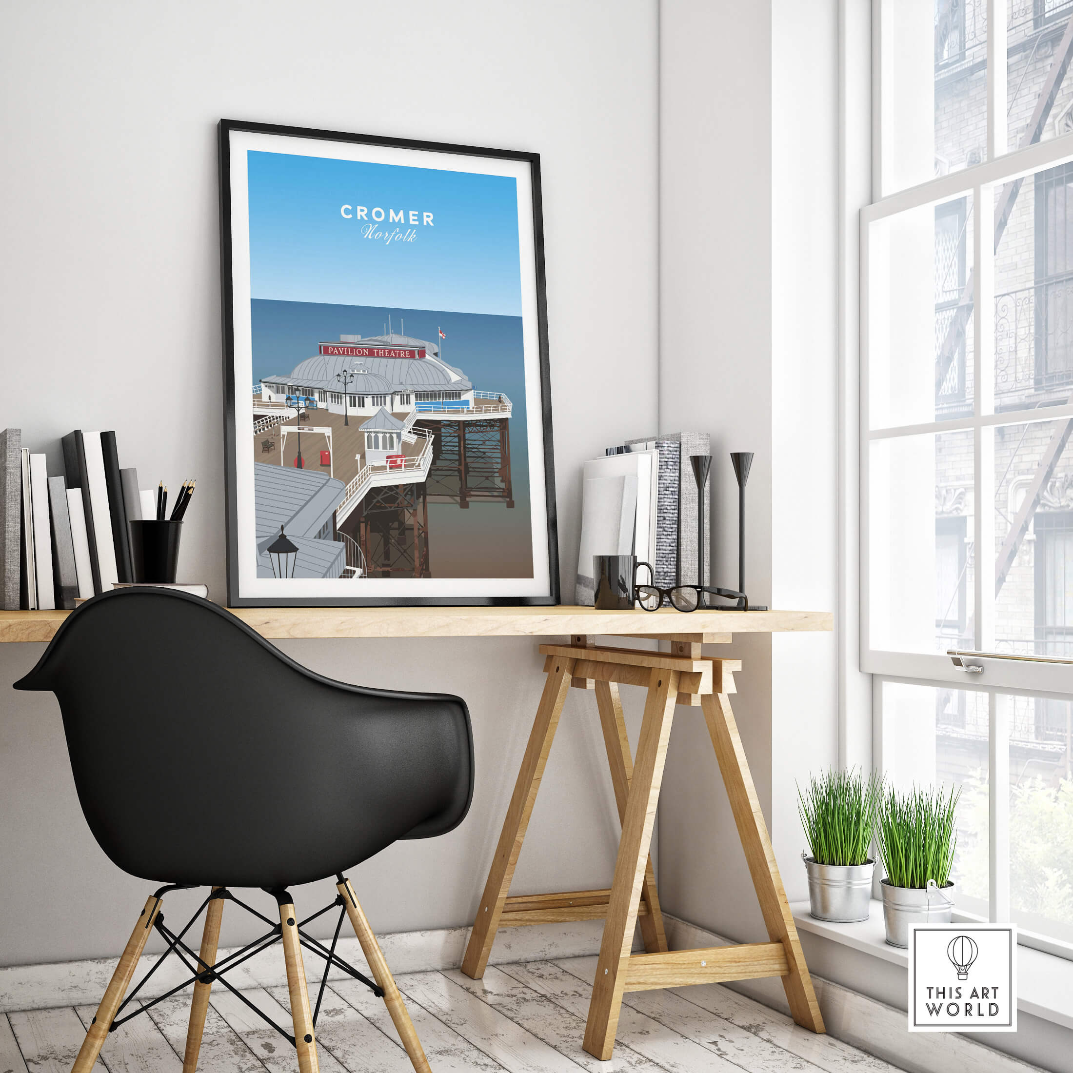 Cromer Travel Poster – Norfolk Pier & Pavilion Theatre Landmark Art displayed on a modern desk in a stylish home setup.